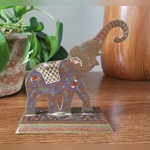 Vintage Colorful Flat Brass Elephant on Stand Boho India
